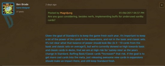 《炉石传说》官方蓝贴 人气经典卡或将被砍退环境